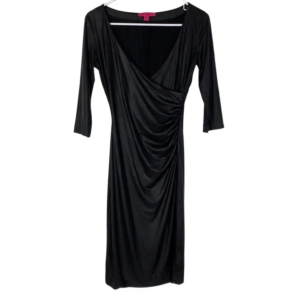 Betsey Johnson Vegan Leather Faux Wrap Dress Womens Size Small Black Half Sleeve